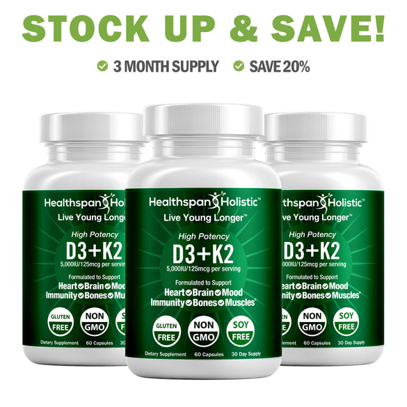 High Potency Vitamin D3 + K2 Supplement 60 Capsules