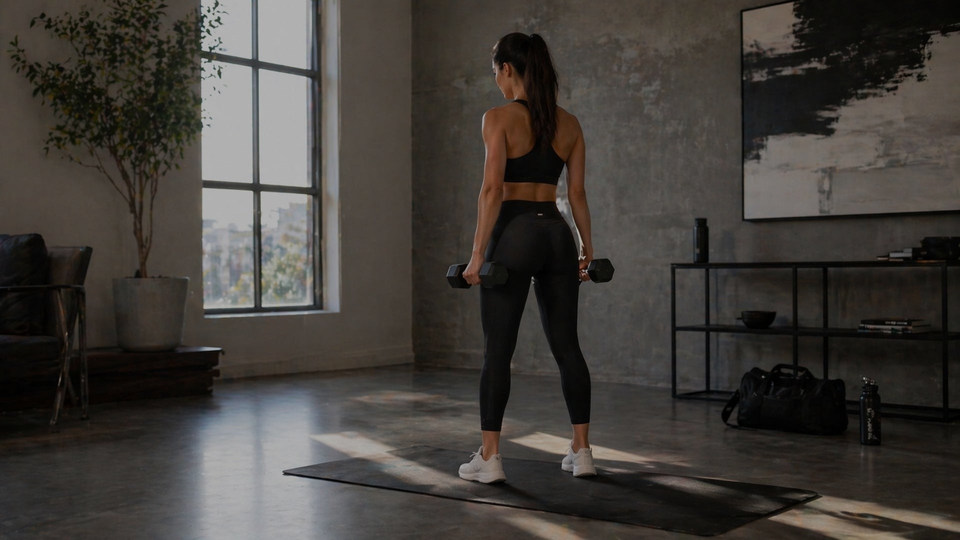 Woman exercising with dumbbells in a home setting